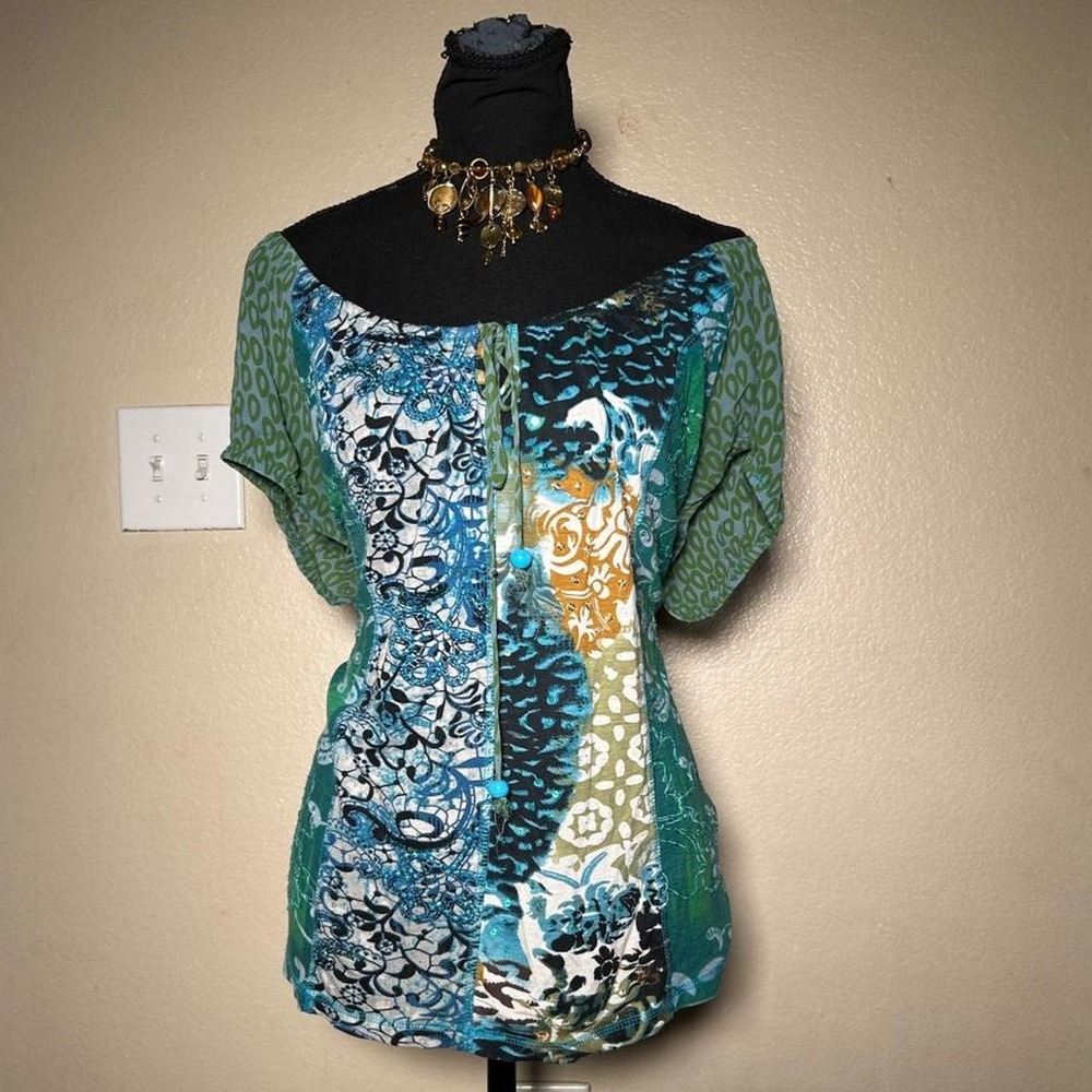 Bila Y2K Patchwork Blouse Top XL Blue Green Boho Mixed Print Eclectic Tunic